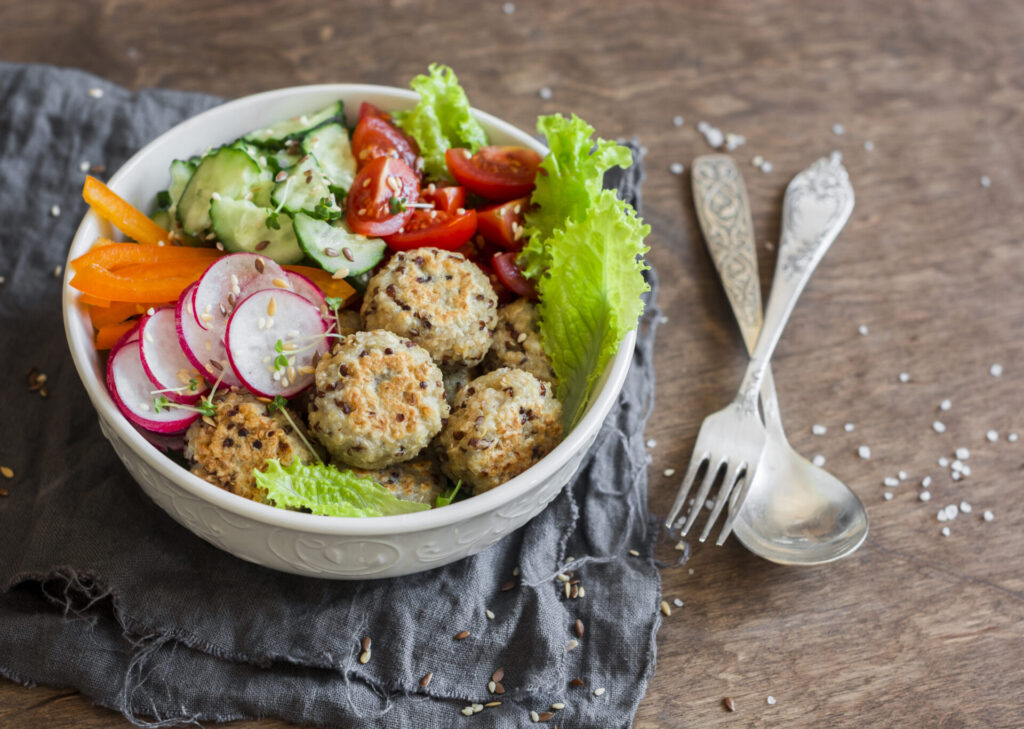 IQF grains in a falafel salad bowl